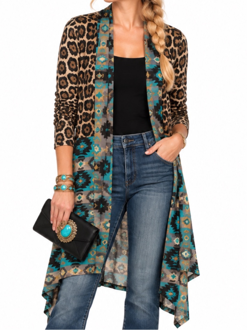 Southwestern Hi-Low Cheetah Duster Cardigan SZ LG EUC